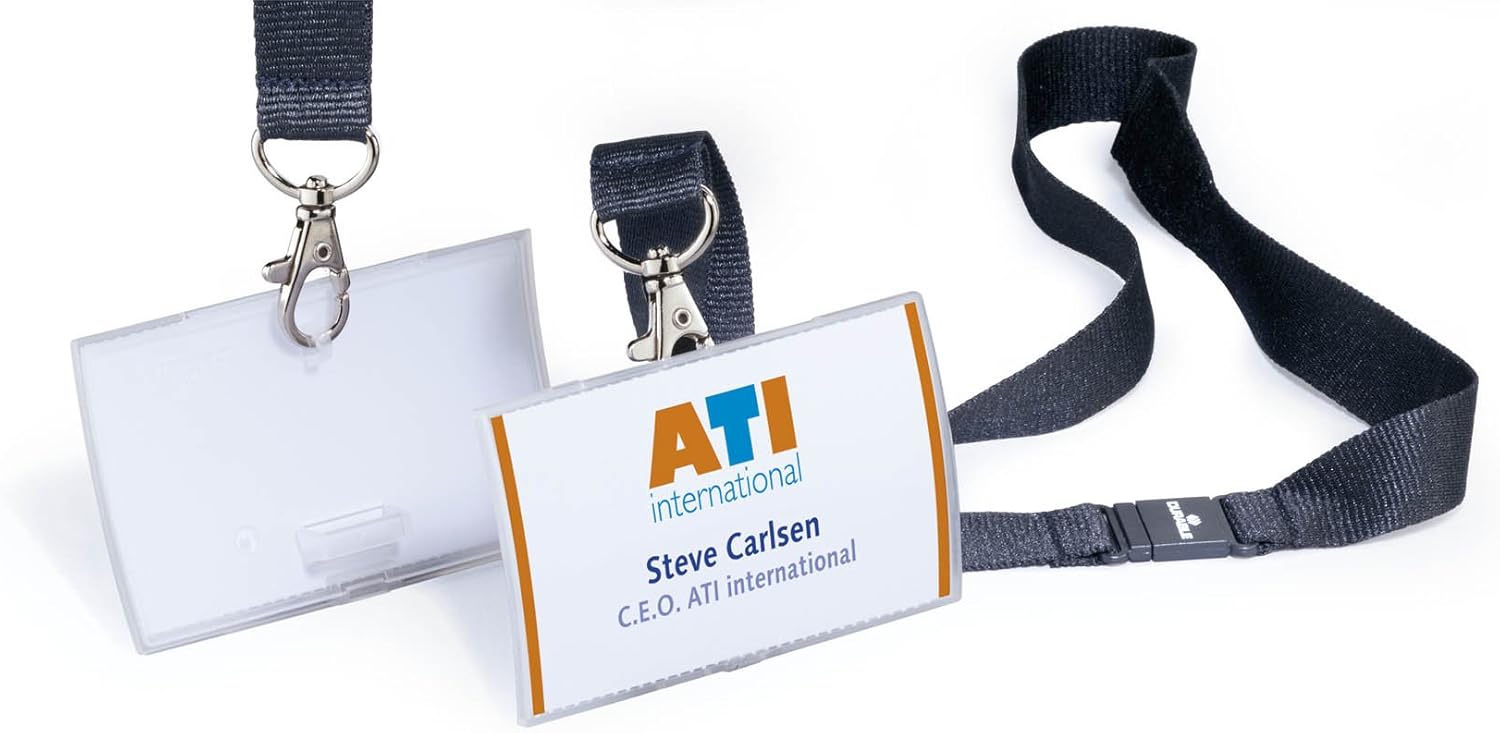 Durable Click Fold Name Badge 54 x 90mm with Black Neck Strap Lanyard, Transparent, Pack of 10 - Image 3
