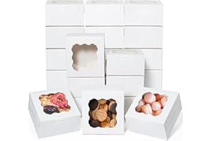 50 Pcs White Bakery Boxes with Window, 6x6x3 inches Cookie Boxes Macaroon Boxes Small Treat Boxes Mini Cake Boxes for Dessert