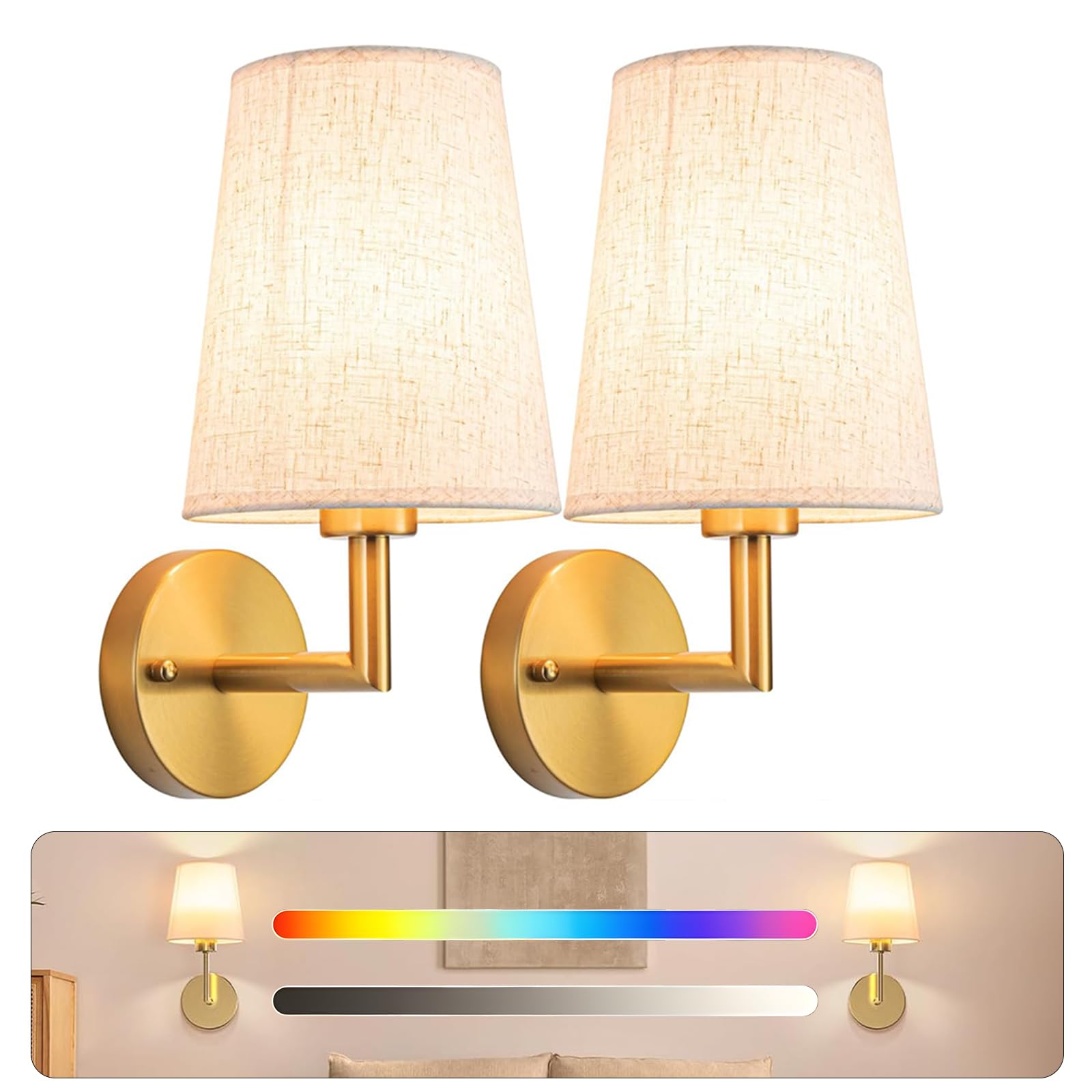 Photo 1 of JKEYES 2PCS Gold Wall Sconces Battery Operated Wall Light Set,3000mAh 12 Colors Sconces