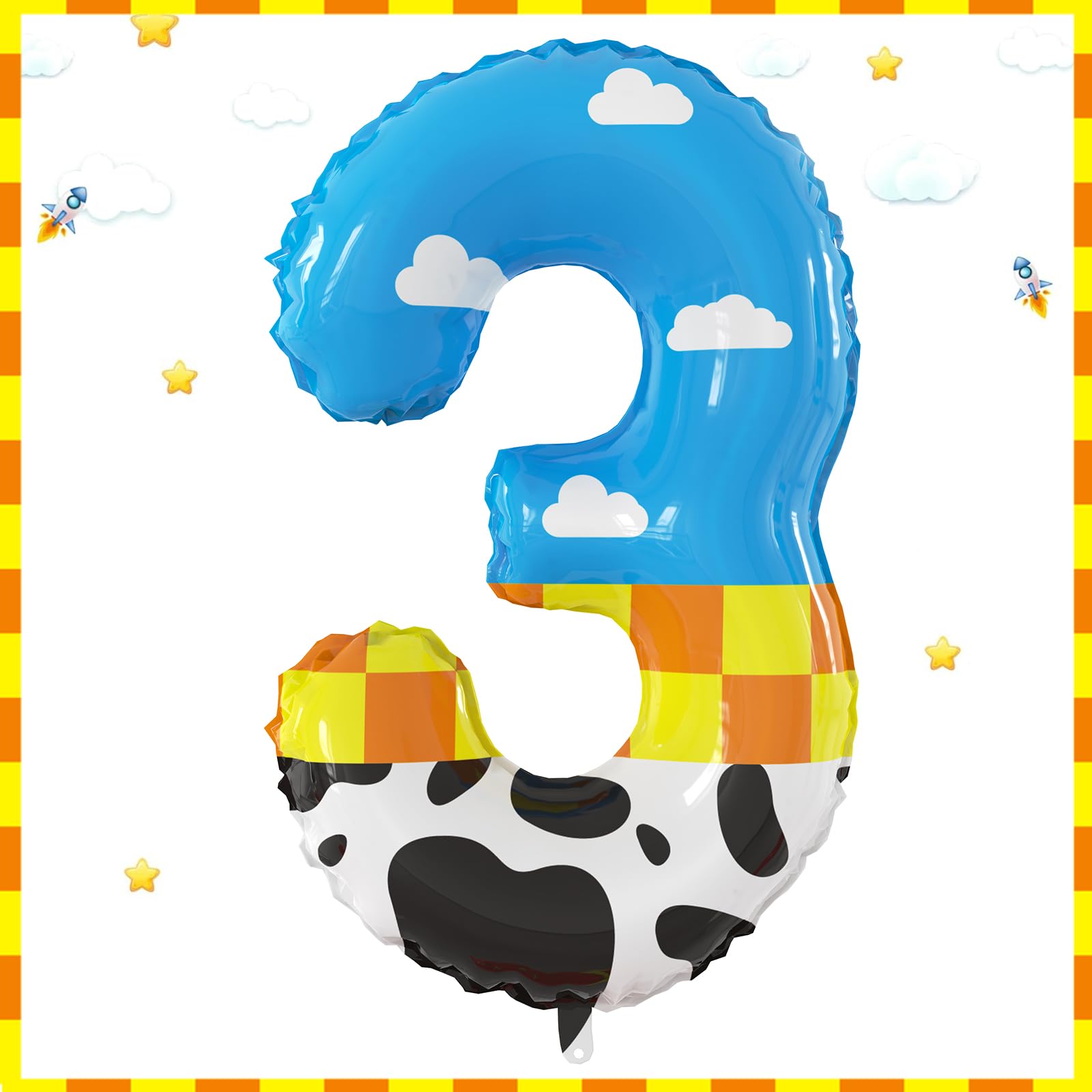 Photo 1 of 40 Inch Giant Toy Inspire Story Theme Number 3 Foil Balloons Large Number Balloons Blue Sky and White Cloud Cow Cartoon Birthday Party Decor Favor Supplies Number 1-4 for Kids' Birthday Party