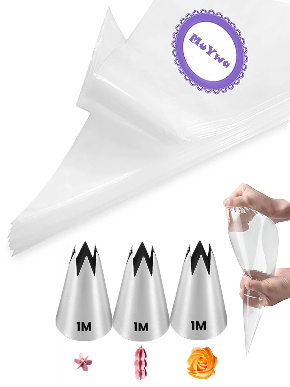 1M Piping Nozzles with Bags,1M Open Star Piping Tips,3 Pcs 1M Icing Nozzles with 20 Disposable Piping Bags for Cake Decorating