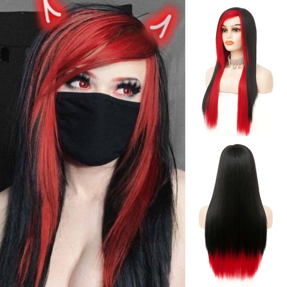 Siudus Red Black Long Wigs for Women Goth Straight Side Part Silky Hair Wig Heat Resistant Fiber for Cosplay Costume Halloween Use