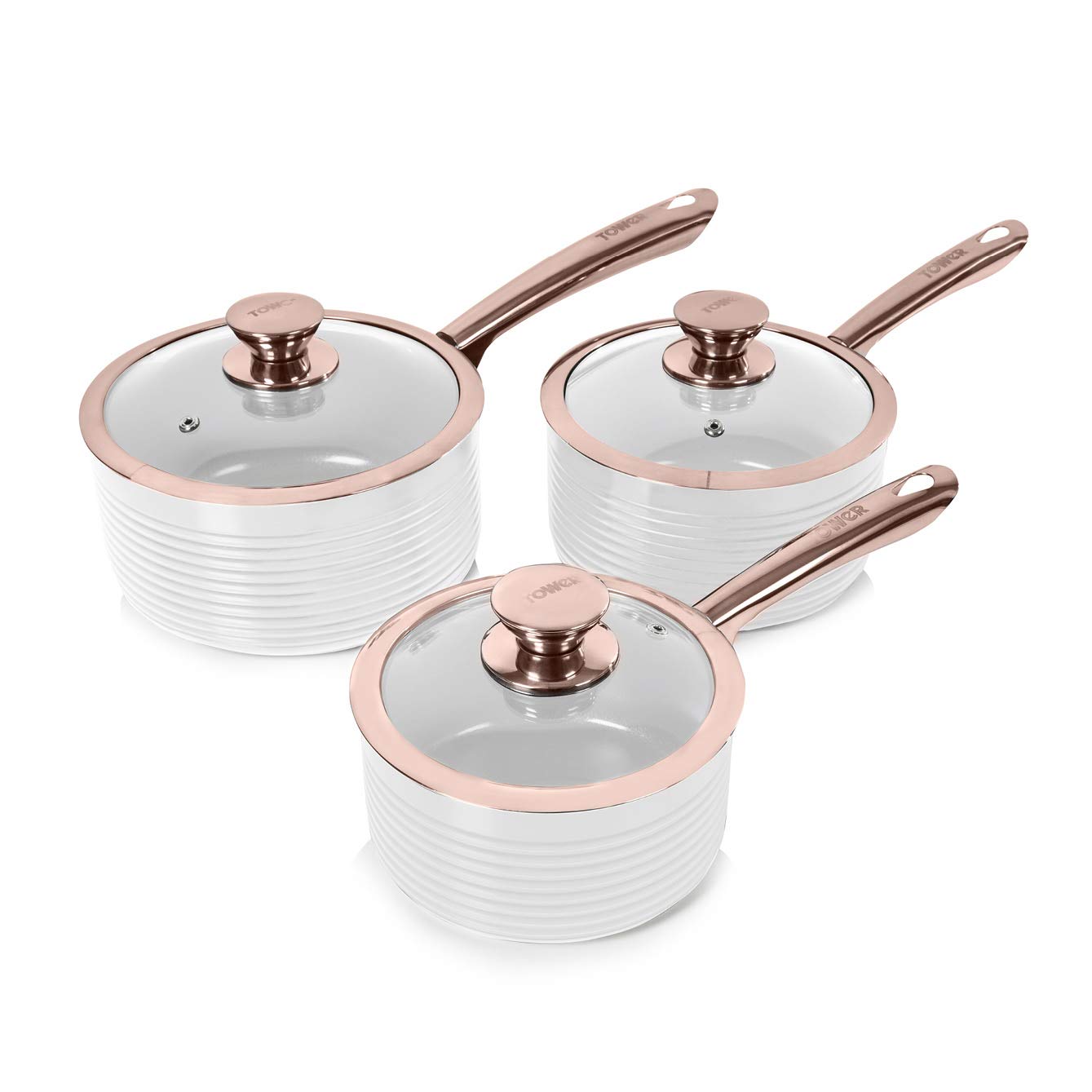 Tower T800001RW Linear Induction Saucepans Set With Lids, Non Stick Cerasure Coating, White And Rose Gold, 3 Piece, 16/18/20 cm, Aluminium โ image 1