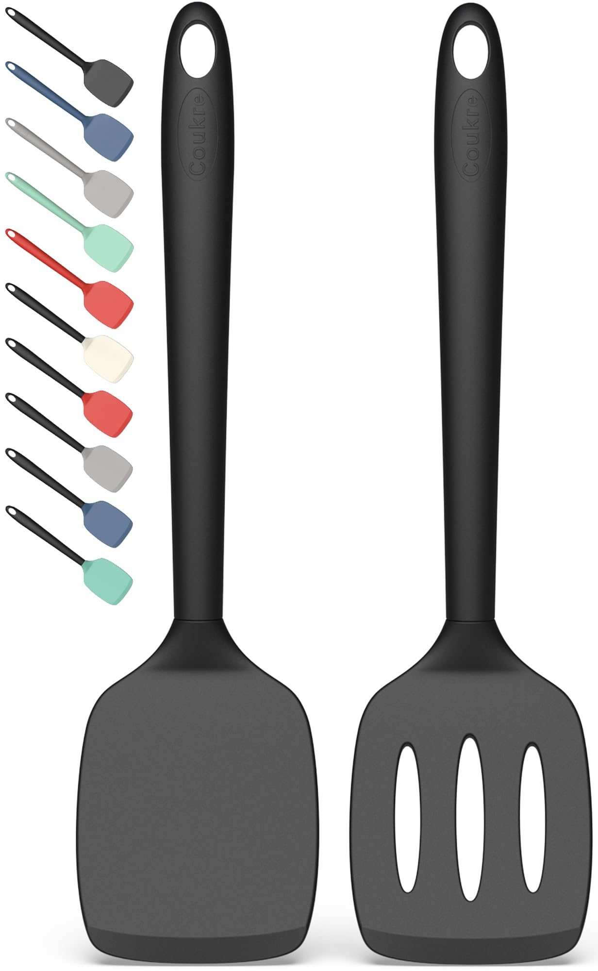 Photo 1 of Coukre 2 Pack Silicone Spatula Set, High Heat Resistant, BPA Free Kitchen Spatula, Solid & Slotted Turner for Non-Stick Pans, Sautéing, and Flipping (2, PureBlack)