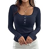 AKLOPVII Women Cute Lace Trim Button Down Cropped T Shirts Y2k Preppy Fall Pointelle Scoop Neck Long Sleeve Crop Tees