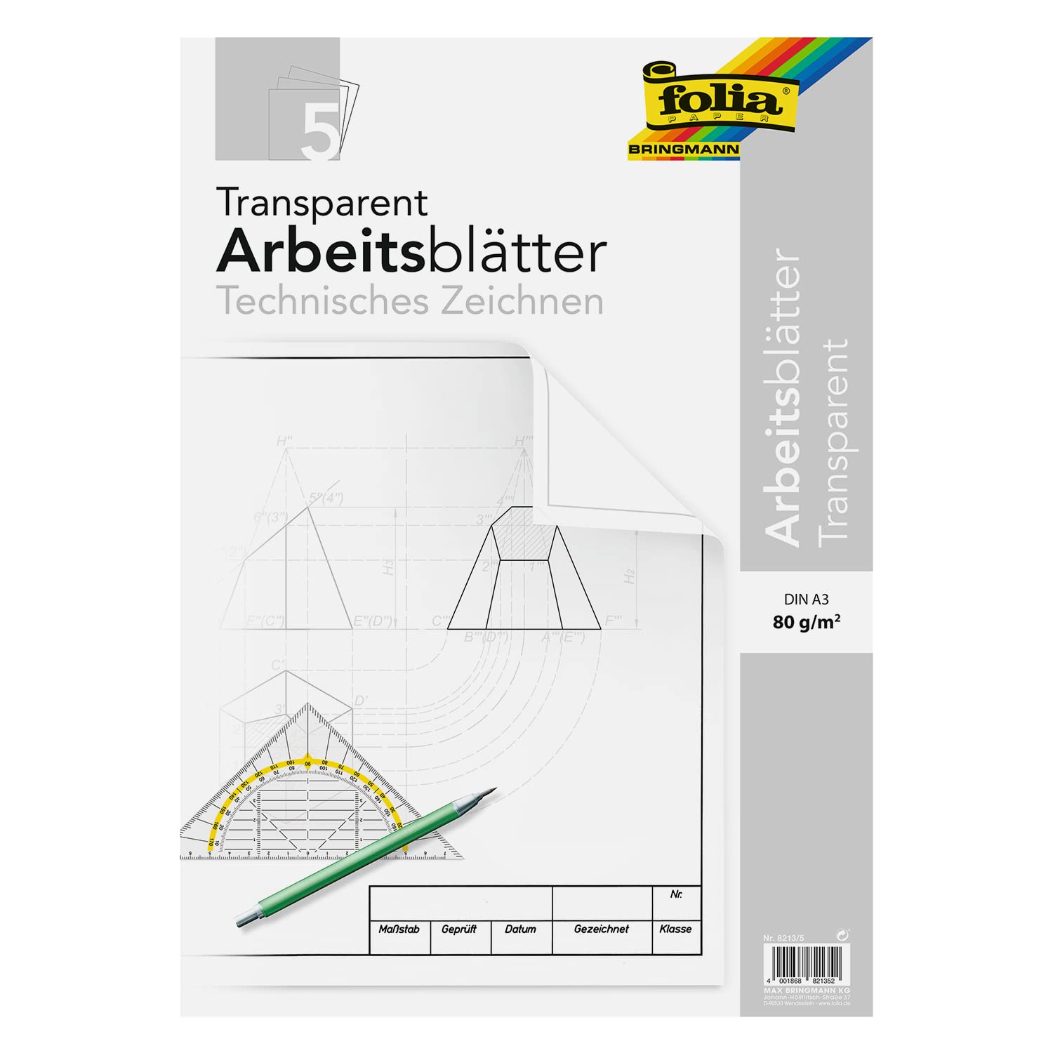 folia 8213/5 - Drawing Paper Pad with Worksheets for Technical Drawing DIN A3 5 Sheets 80 g/m² Transparent with Pre-Print