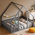PVWIIK Full Size Montessori Floor Bed with Fence & Guardrails for Kids Girls Boys,House Floor Bed & Solid Wood Bed Frame,Easy Assembly & No Box Spring Needed, Grey