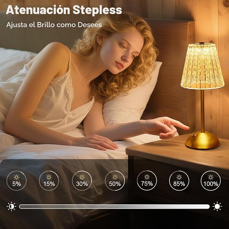 Lampara Inalambrica, 2000mAh Lampara Recargable con USB-C, 3 Temperaturas de Color Toca Cristal Lampara de Mesa, Lámpara de Mesa Inalámbrica para Dormitorio, Cafetería, Bar, Cena (Oro)