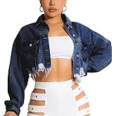 HTD Women's Cropped Jean Jacket Button Up Long Sleeve Ripped Distressed Denim Jacket Frayed Hem
