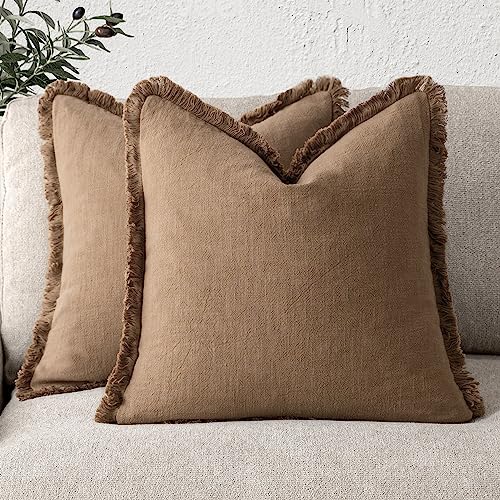 Foindtower Set of 2 Decorative Linen Throw Pillow Covers with Fringe, Cosy Boho Cushion Covers with Tassels, Soft Decorative Pillow Case for Sofa, Couch, Bed, Living Room, Home Decor, 46 x 46 cm