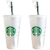 Starbucks 2 Pack Bundle - Reusable Frosted 24 oz Cold Cups with Lid and Green Straw w/Stopper