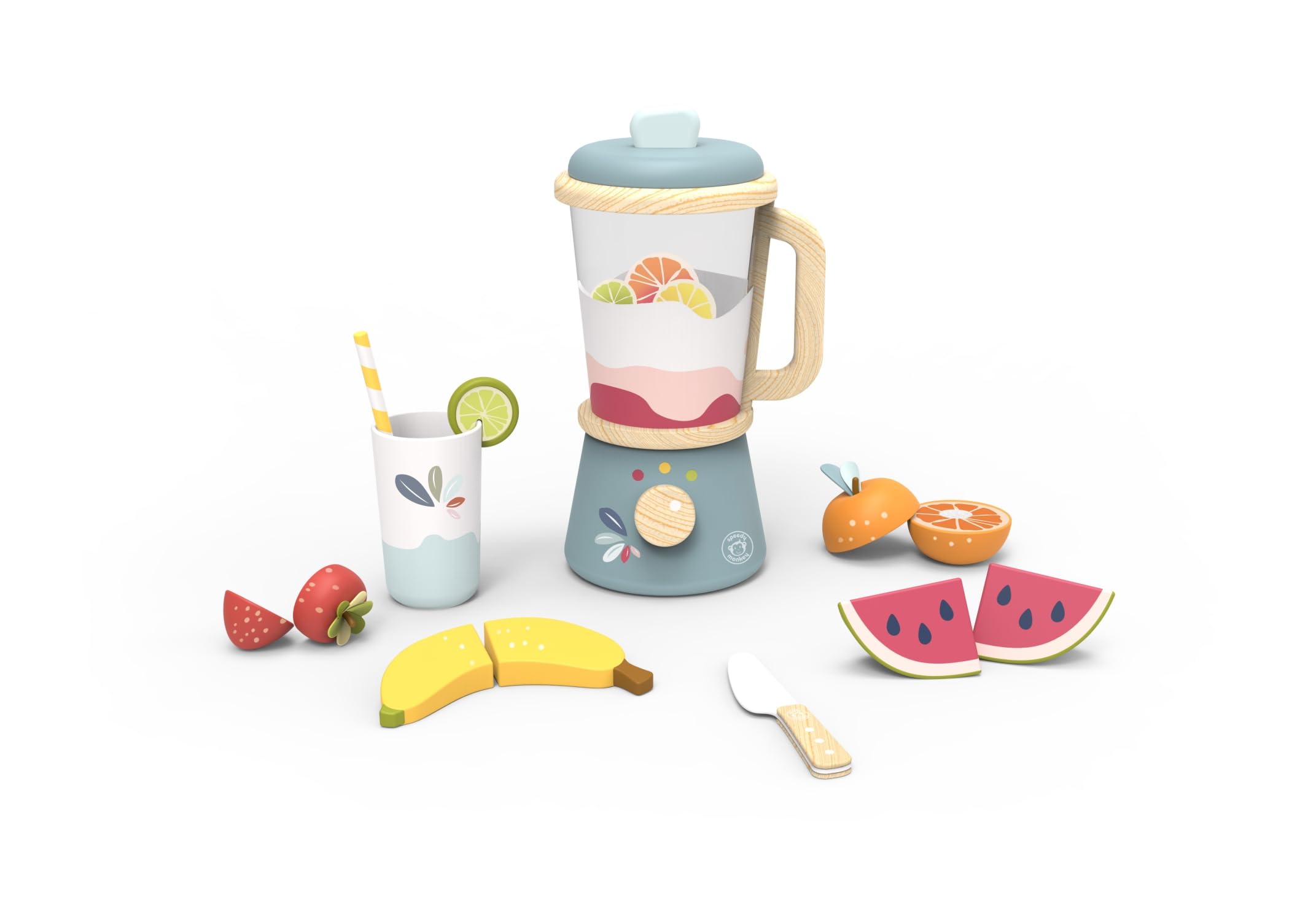 Speedy Monkey Wooden Toy Blender - Includes Wooden Lid, Knife, Cup, Straw & Fruit Pieces | Play Kitchen Accessories for Boys & Girls Toys | Kids Toy Kitchen | Play Kitchen | Play Food | Toddler Toys