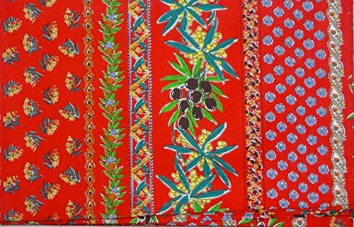 High Quality Striped Olive Mimosa Floral Design 100% Cotton Tablecloth 58 " Square Black Green Blue on Red Made in France