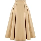Belle Poque Women's Vintage High Waist Pleated Midi A-Line Skirt with Pockets