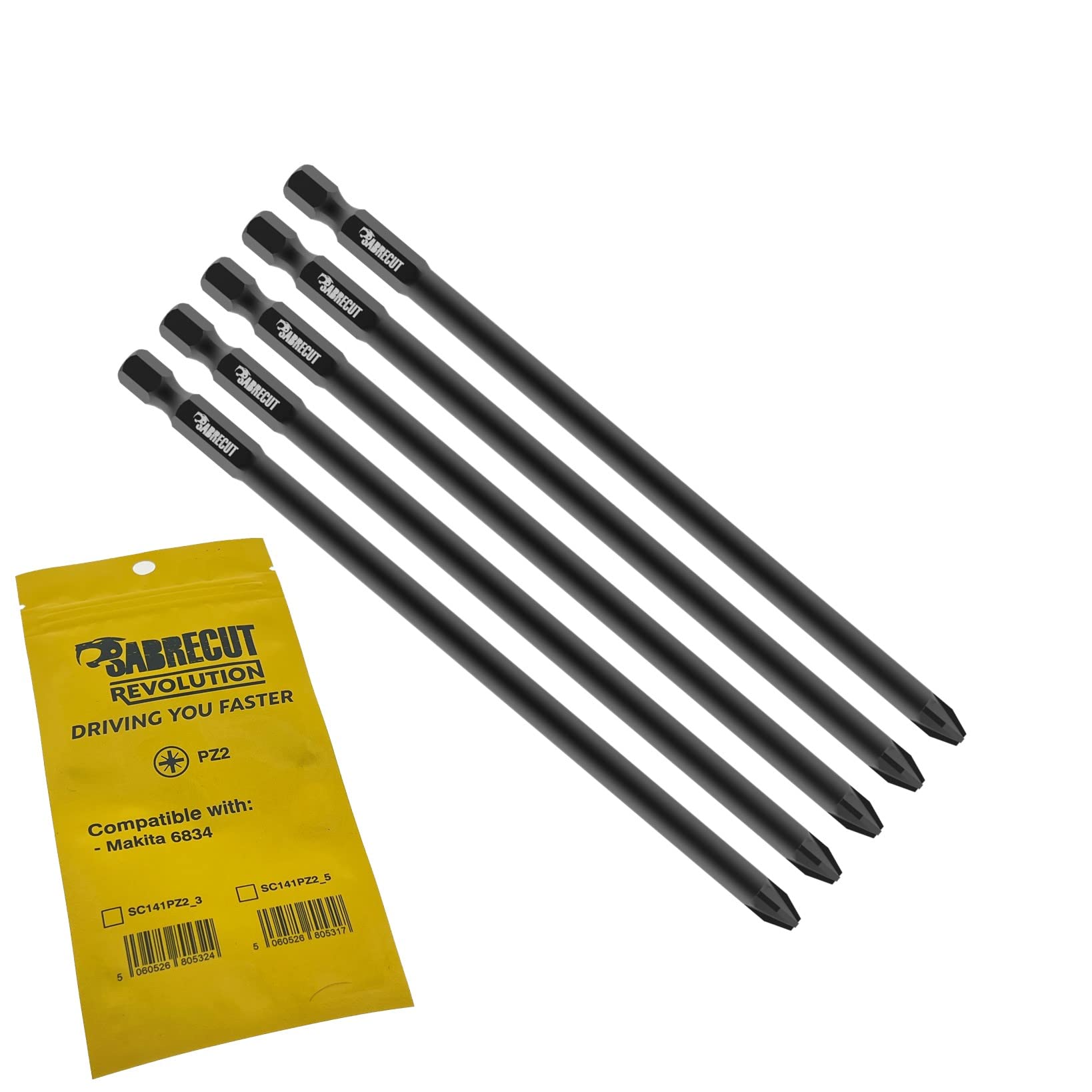 5 x SabreCut SC141PZ2_5 141mm PZ2 Compatible with Makita 6834 P-66282 Autofeed Collated Drywall Screwdriver Gun Bit Single Ended Pozi No.2 Heavy Duty