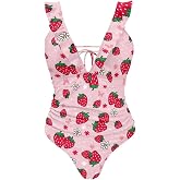 ELEDIZI Womens One Piece Swimsuits Tummy Control Ruffle Tie Back Bathing Suit High Waisted Tie Back Swimwear Size XS-2XL