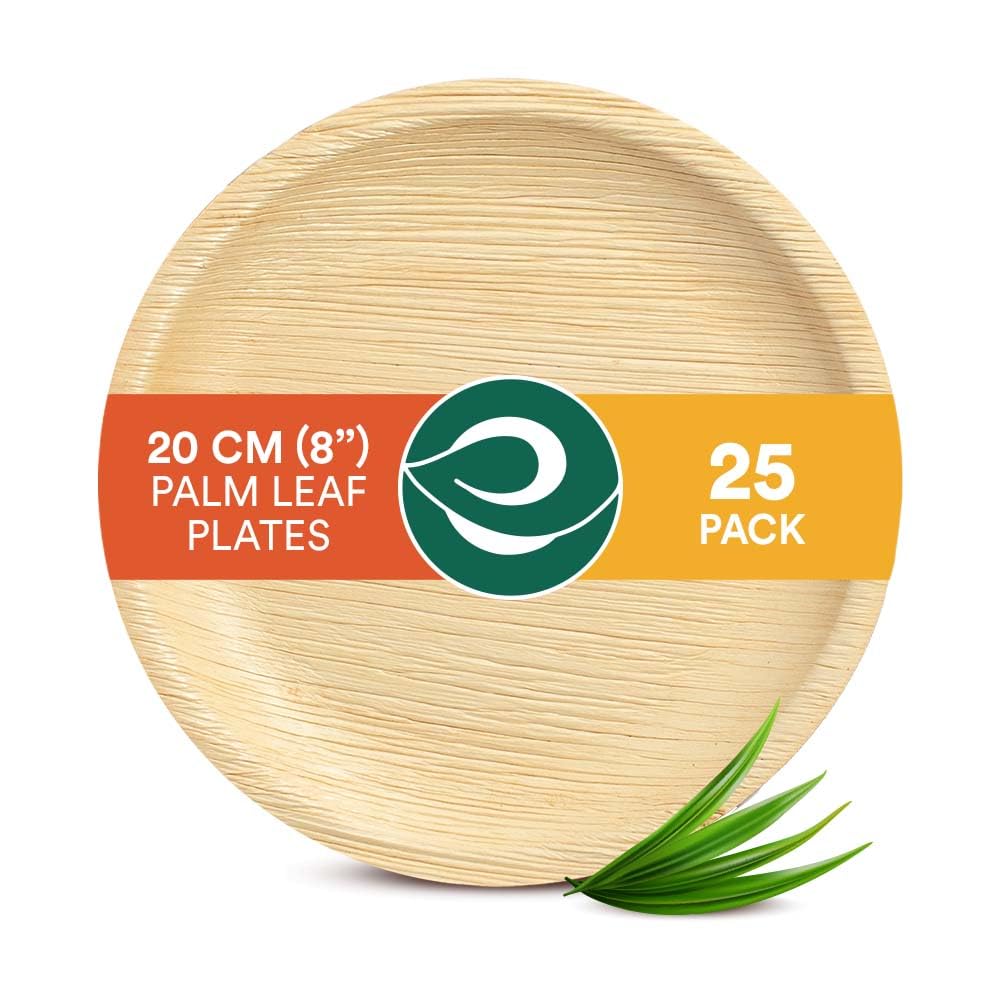 ECO SOUL Palm Leaf Plates 8”(20cm) 25 Round Bamboo Plate I Eco Friendly, Biodegradable, Compostable Heavy-Duty Plate, Disposable Plates for Dinner, Party & Events