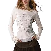 Dynict Women's Cute Y2K Graphic Sweatshirt Aesthetic Lace Patchwork Grunge Sweatshirt Slim Fit Long Sleeve Tops