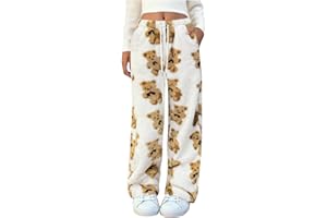 Cute Pj Pants for Women Warm Plush Pajamas Bottoms Drawstring Bear Print Fuzzy Fleece Lounge Trousers Furry Sleepwear