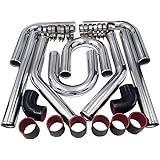 Universal Turbo Intercooler Aluminum Pipe Piping and Silicone Hose Kit w/Stainless Steel T-Clamps(3inch,Black&Red)