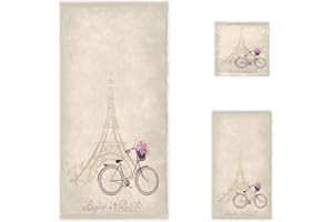 Naanle Stylish Bonjour Paris Eiffel Tower and Bicycle Soft Luxury Decorative Set of 3 Towels, 1 Bath Towel+1 Hand Towel+1 Washcloth, Multipurpose for Bathroom, Hotel, Gym, Spa and Beach