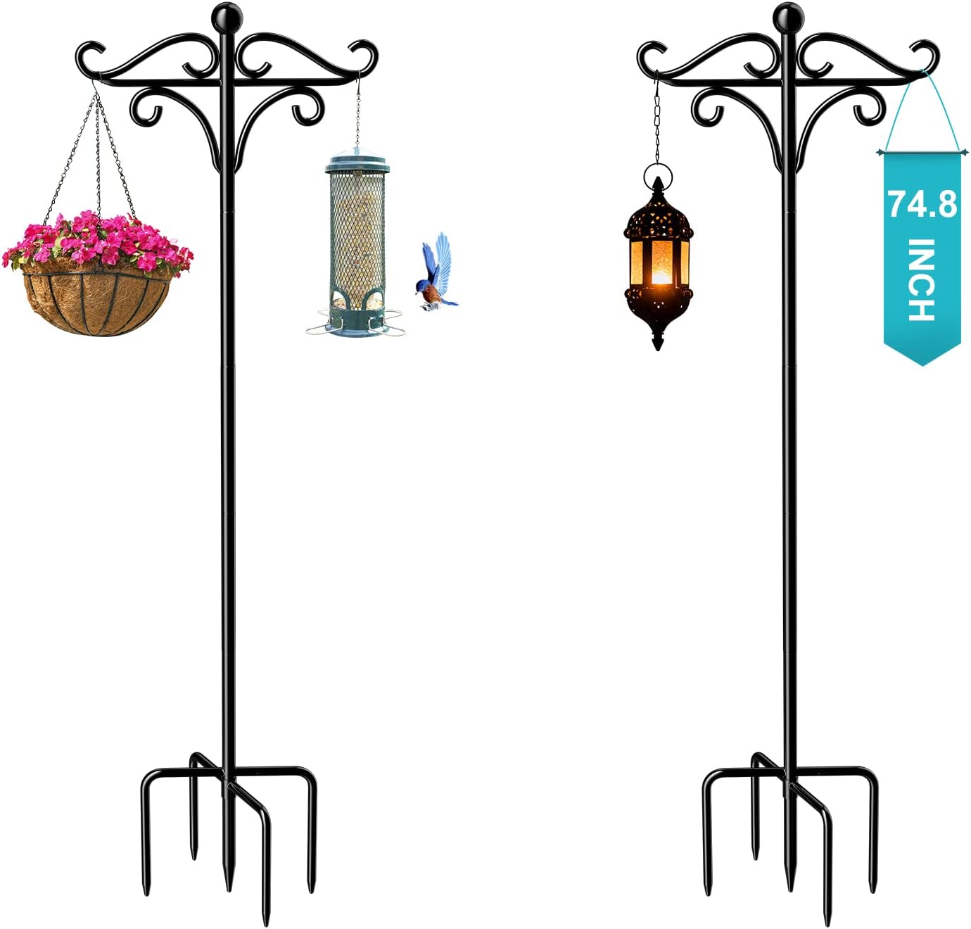 Outdoor Shepherd's Hooks - Keten Shepherds Hooks for Outdoor, 75” Double Bird Feeder Poles with 5 Prongs, Adjustable Outdoor Plant Hanger Hooks for Bird Feeder, Plant Baskets, Lanterns, Wedding Decor(2 Pack)