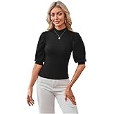 WDIRARA Women's Mock Neck Puff Sleeve Ribbed Knit Top Slim Fit Half Sleeve Tee Shirt