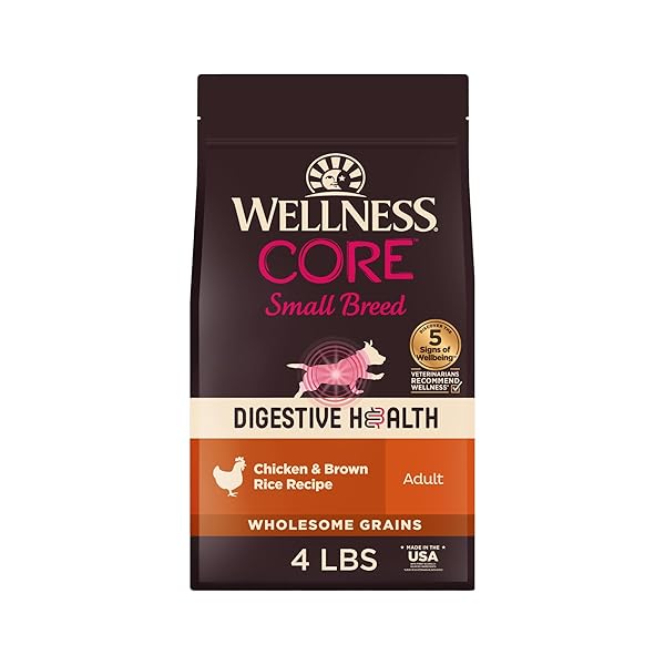 WELLNESS CORE DIGESTIVE HEALTH SMALL BREED ADULT DRY DOG FOOD, WHOLESOME GRAIN KIBBLE, SENSITIVE STOMACH, NATURAL, HIGH PROTEIN, CHICKEN RECIPE, 4 LB BAG