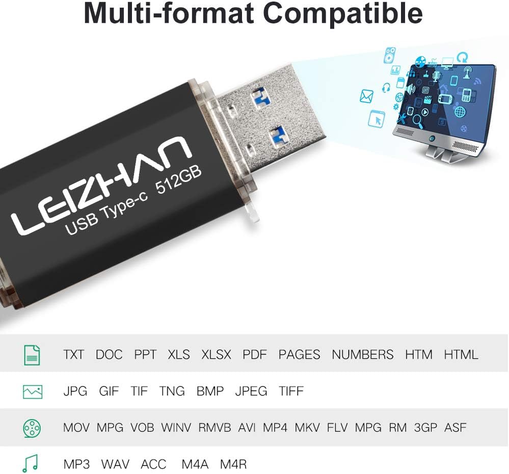 leizhan 512GB USB 3.0 Flash Drive Thumb Drives Jump Drive USB Memory Stick Type-C/USB-A 2 in 1 - Black, 512Go - Image 5