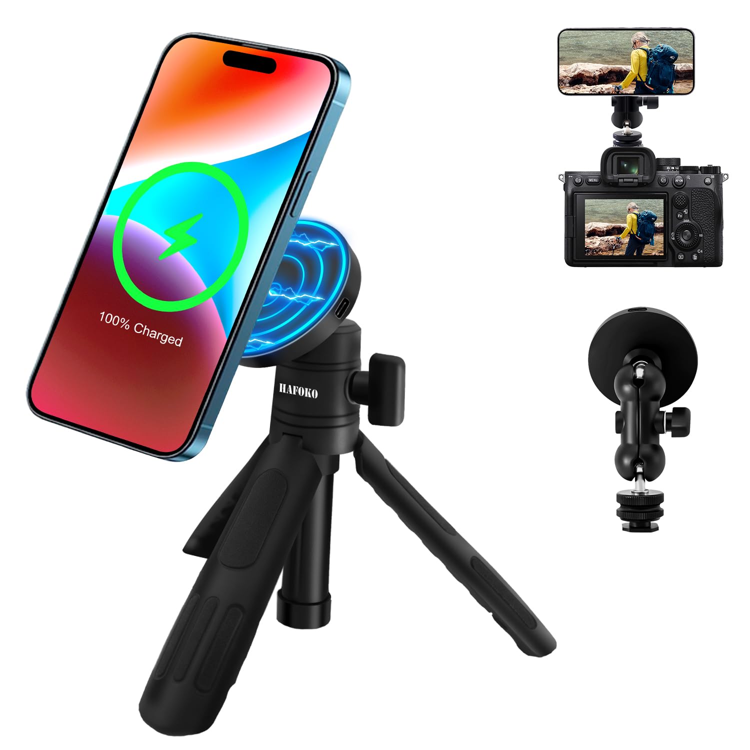 HAFOKO HA-W08 Magnetic Selfie Stick Wireless Charging Tripod Magnetic Wireless Charging Mount Desktop Smartphone Extension Tripod Magnetic Holder w Magic Arm Compatibel for iphone 15/14/13/12
