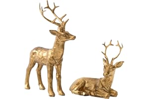 DN DECONATION 2PCS Christmas Resin Reindeer Figurines Decorations, Small Gold Brass Deer Decorative Statues Deer Sculptures for Indoor Home Decor Tabletop Mantle Cabinet Desktop Office