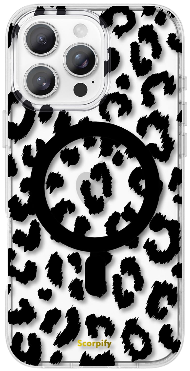 SCORPIFY for iPhone 16 Pro Case [Compatible with MagSafe] with Black Clear Leopard Cheetah Print Design, Cute Clear Magnetic Phone Cover for Women Girls, [Non Yellowing] Slim Shockproof Bumper