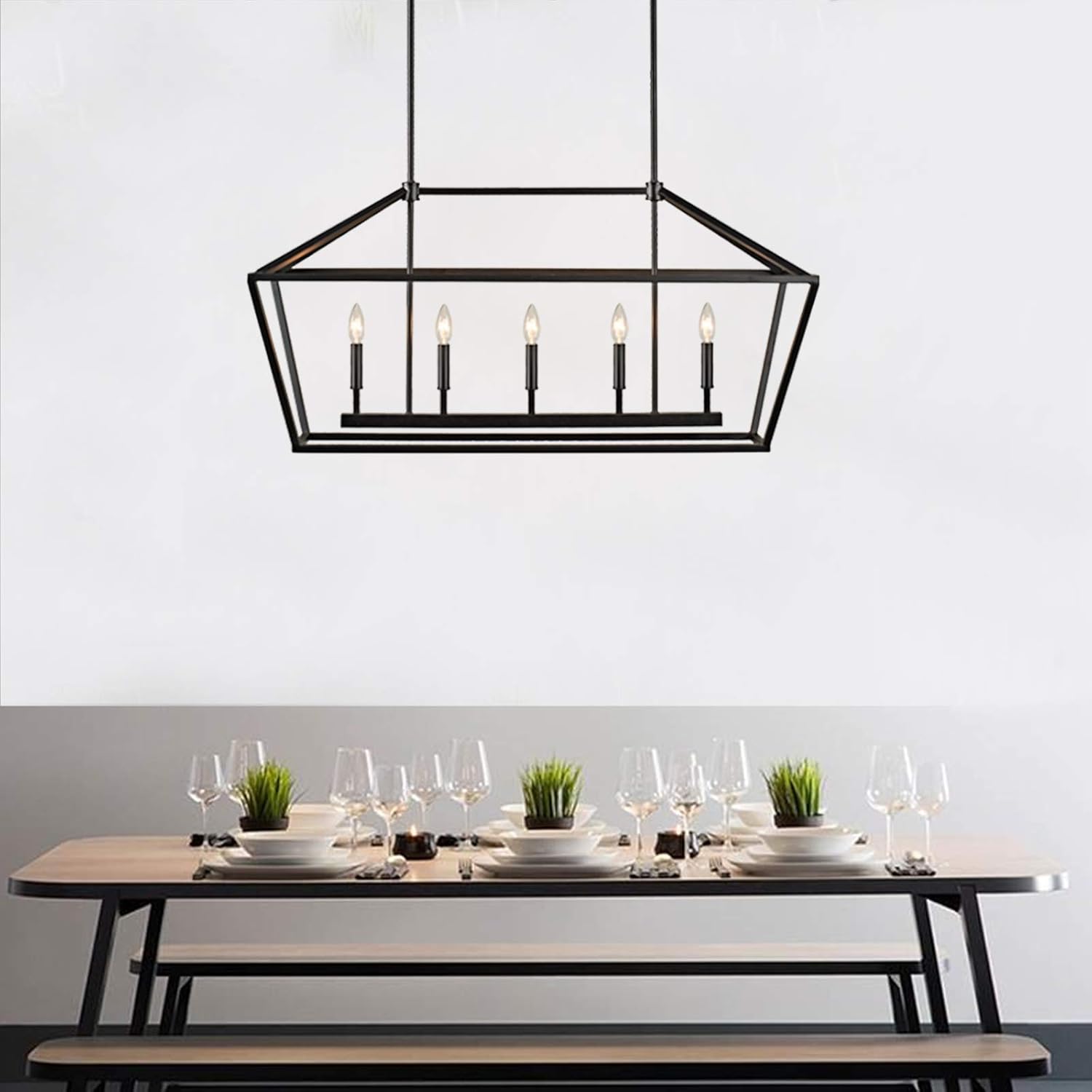 MOTINI 5-Light Kitchen Island Lantern Pendant Linear Chandelier Black Rod Hanging Light 40"x 12"x18.5" - - 