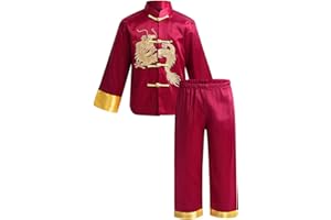 TACKTIMES Kids Boys Traditional Chinese Kung Fu Outfit Embroidery Dragon Tang Uniform Long Sleeve Coat Tops and Pants