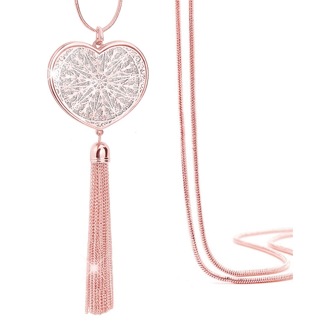 Suyi Long Tassel Necklace Hollow-out Heart Sweater Chain Y Pendant Necklace for Women Heart-RoseGold — image 1