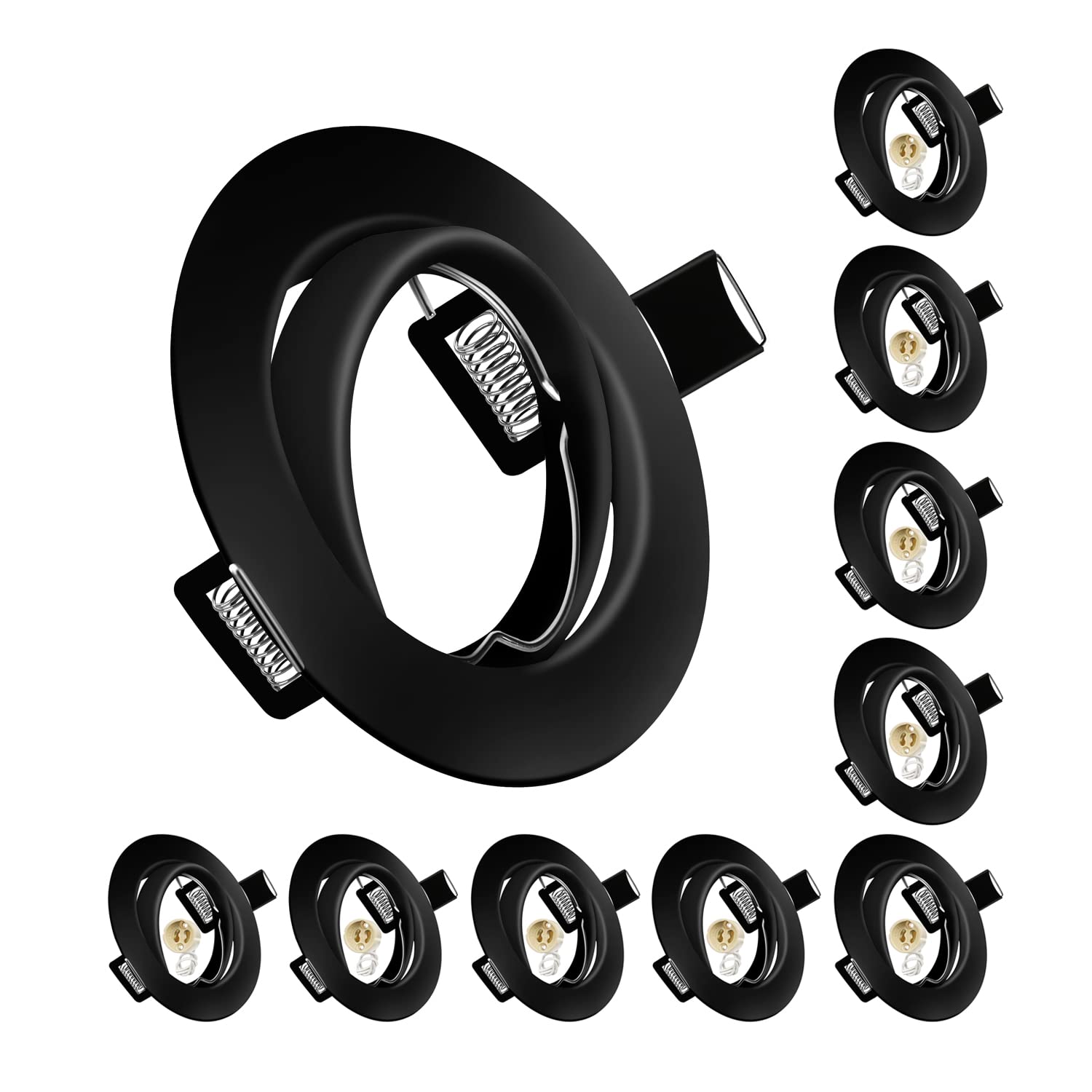 10x Modern GU10 Downlights for Ceiling, Round Matt Black Metal Frame for Recessed Ceiling Lights, Tilt Swivel Spotlight - External Dimensions: 90mm, Cut-Out Hole Size:68-80 mm