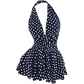 OYOANGLE Women's Polka Dots A Line Mini Halter Top Dress Backless Ruched Layered Ruffle Dresses