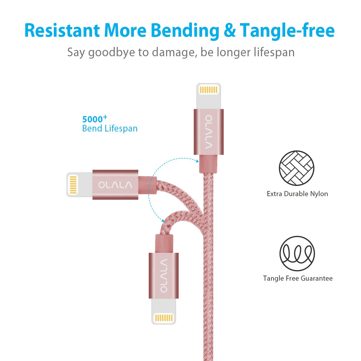 [Apple MFi Certified] OLALA 3.3 Feet/1 Meter Nylon Braided Lightning to USB Cable Sync and Charging Charger Cord for iPhone, iPad and More (Rose Gold)