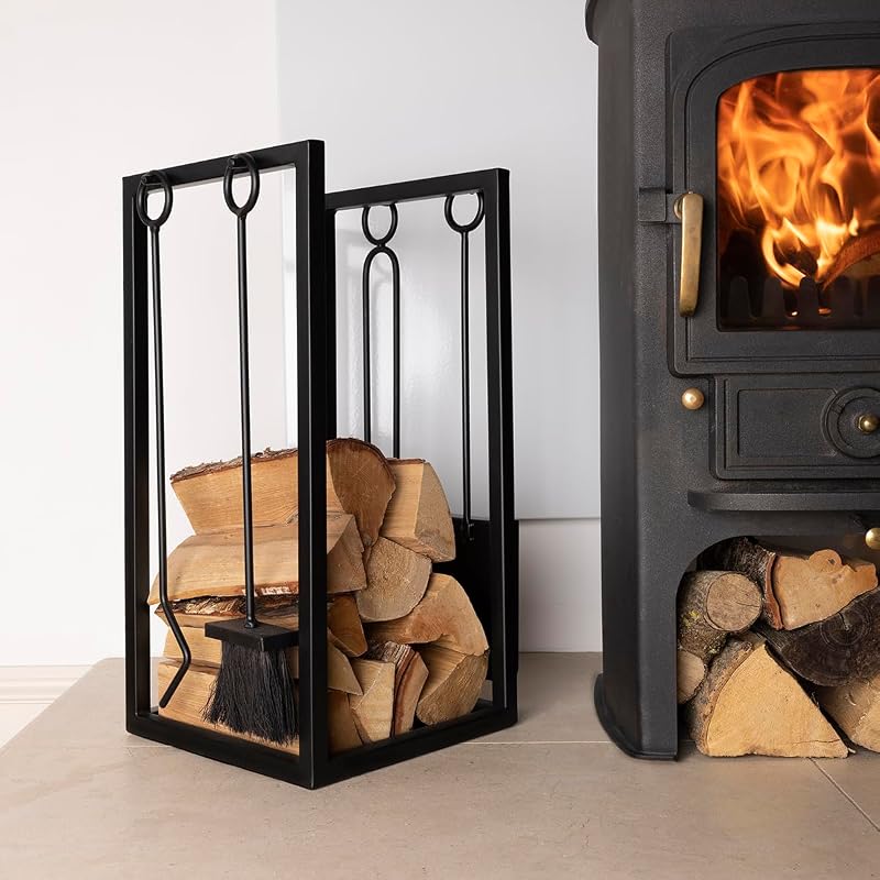 Charles Bentley Log Holder & Tool Set Black Iron Matte Fireside Companion 10kg