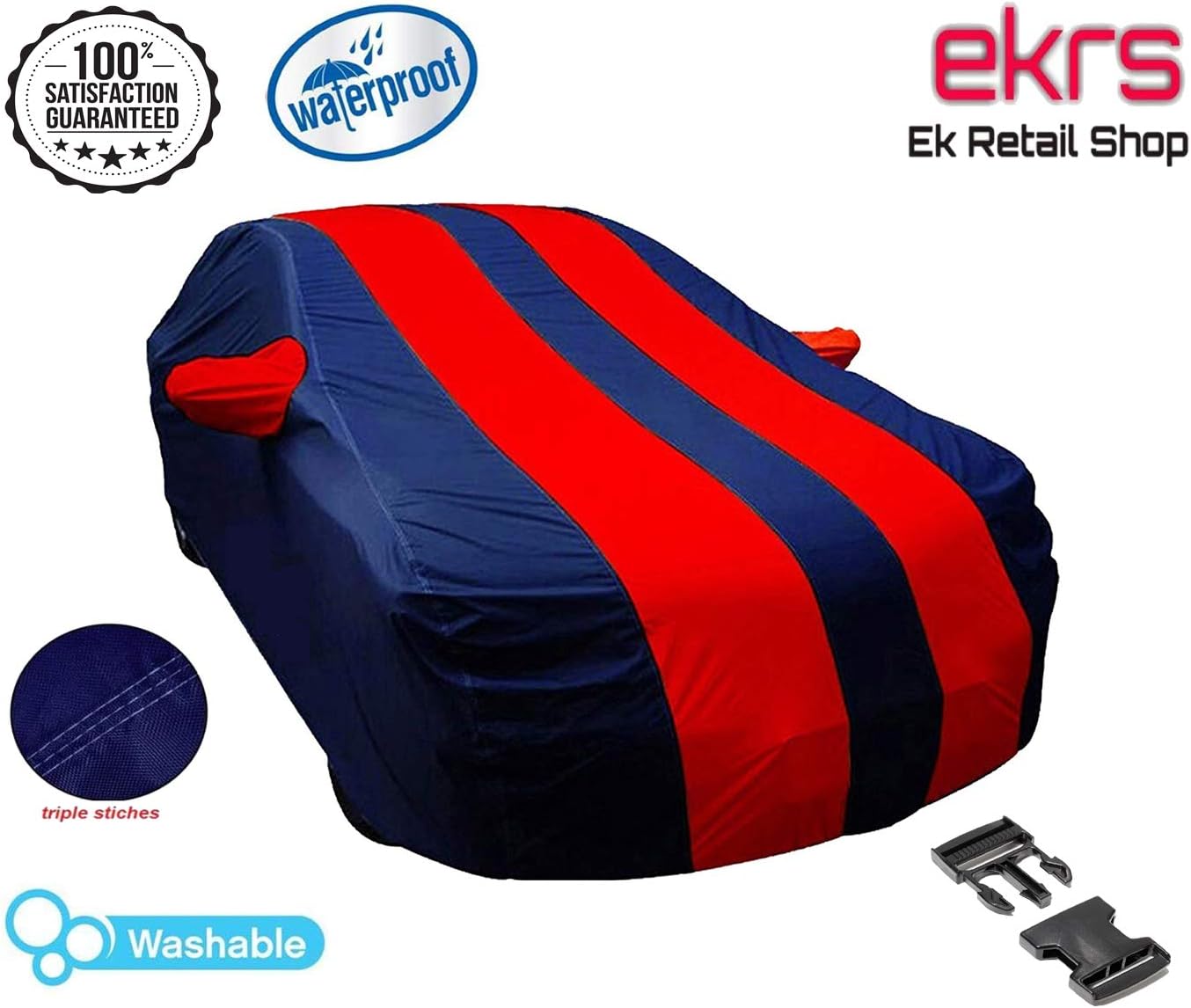 EKRS Waterproof Car Body Covers Universal for Maruti 800, Alto, Zen with Mirror Pockets, Triple Stitching & Light Weight (Navy Blue & RED Color)