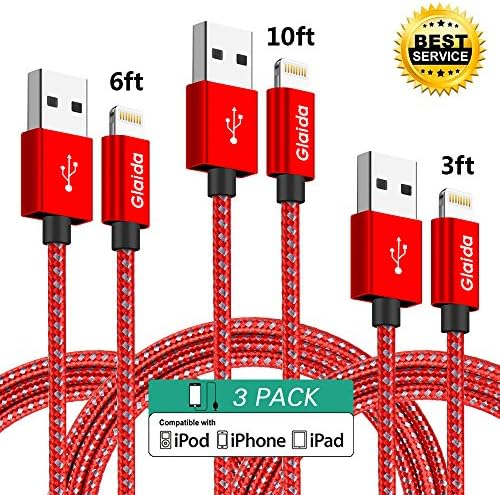 Glaida Lightning Cable 3Pcs 3ft 6ft 10ft Extra Long Nylon Braided iphone Cable High Speed Charging Cables Cord for iPhone Charger 7/7Plus/6/6Plus/6S,5/5S/SE,iPad/iPod Compatible with IOS(Red+Gray)