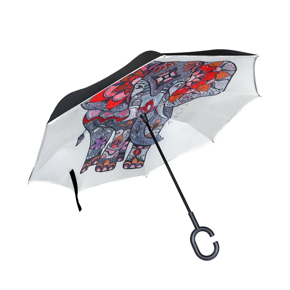 逆さ傘 防風 雨 Yuihome 逆さ傘 車 B07dnwdrzv C型持ち手 象 レッド 2層 屋外 スケッチ ゴルフ傘 大人気新作