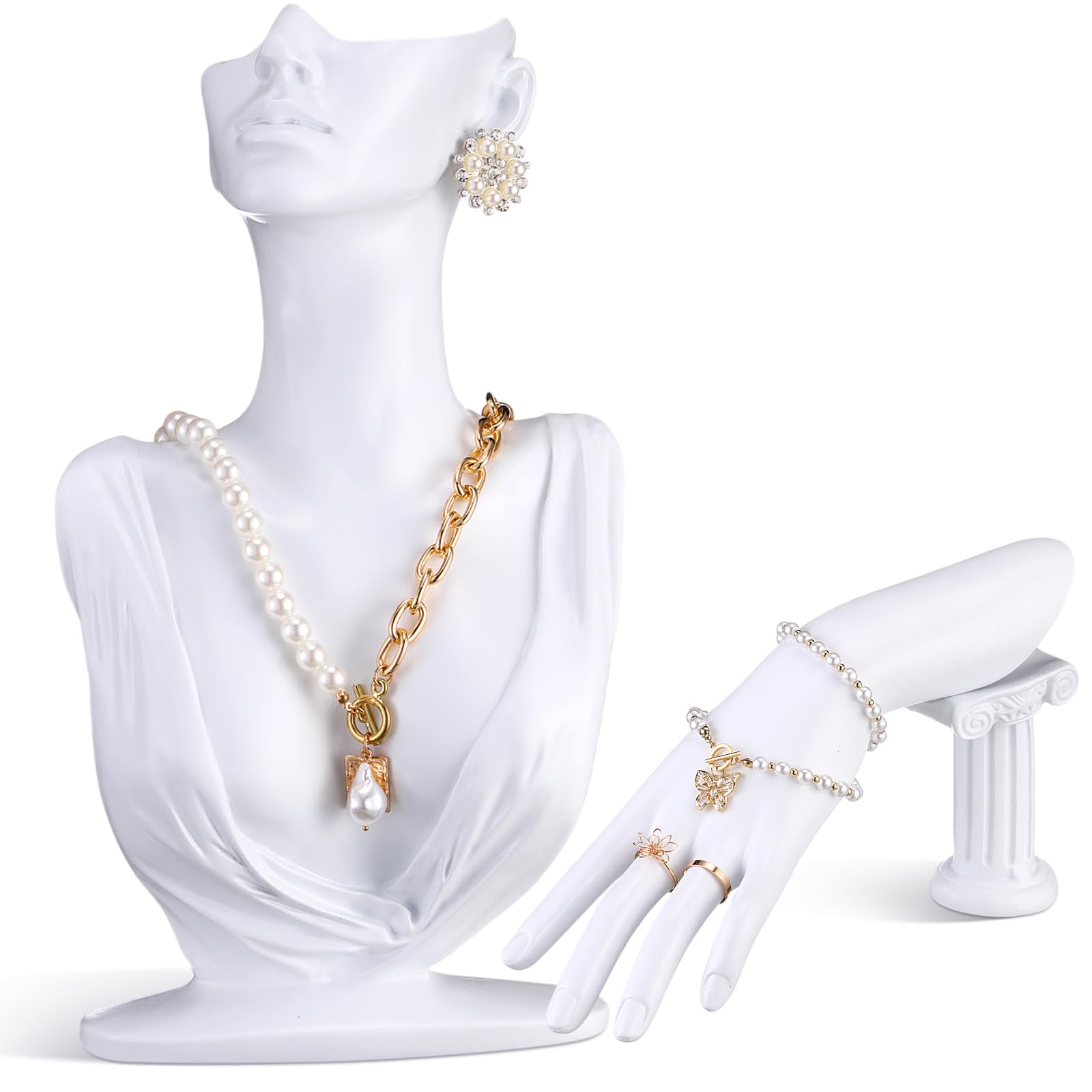 Photo 1 of Yalikop 2 Pcs Jewelry Mannequin Display Set Necklace Bust Mannequin Earring Stand Hand Bracelet Ring Stand for Selling Show(White)