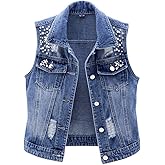 LifeShe Womens Beading Pearls Sleeveless Denim Vest Jean Jacket Coat…