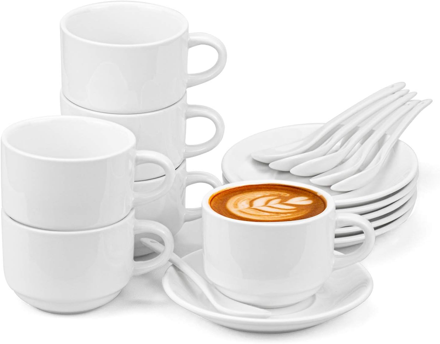 Hedume 6 Pack Espresso Cups with Saucers and Spoons, 5.5oz Stackable