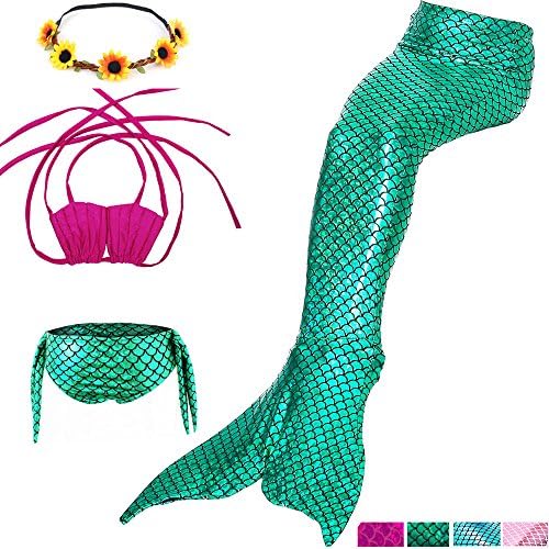 ROAYI 3PCS Girls Swimsuit 2017 Princess Mermaid Tail Swimwear Sea-maid Bikini Set Bathingsuit Can Match Monofin(With Headband&Necklace) (L(6~7)-(6-7Y), Sparklegreen)