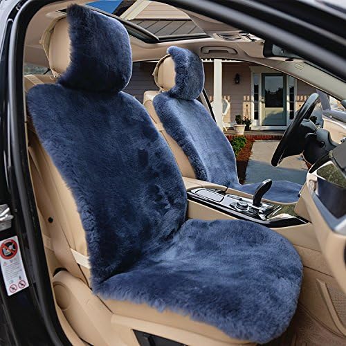 IMQOQ A Pair Genuine Sheepskin Short Wool Car 2 Front Seat Covers Set Winter Warm Universal Blue Grey