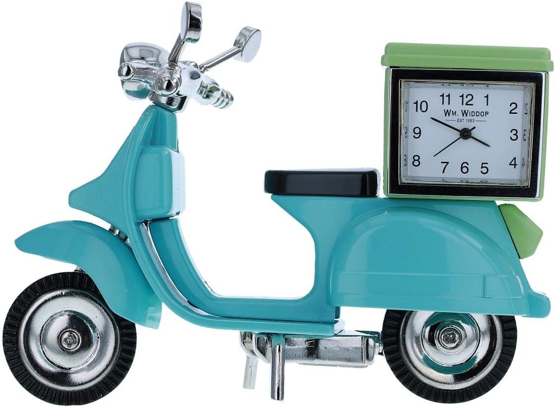 WM Widdop Blue Vespa Scooter with Green Box Miniature Small Desk Clock 9091