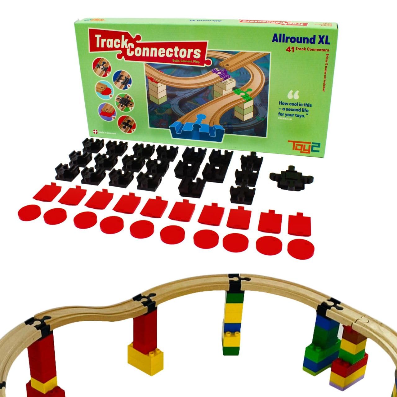 TOY2 Allround XL Set with 41 Rail Connectors Compatible with Brio & Lego Duplo - Construction Set 6 Different Track Connectors - Sustainable Wooden Train & Wooden Rail Set Connectors