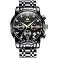 OLEVS Men's Stainless Steel Chronograph Watch, Big Face Gold Silver Black Tone Easy to Read Analog Quartz Watch, Luxury Waterproof Date Diamond Roman Arabic Numerals Dial Dress Watch for Men